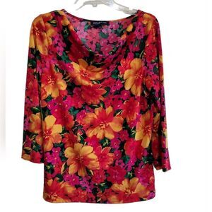 Jones New York Orange Yellow Pink Multicolored Floral Print Blouse Sz Large